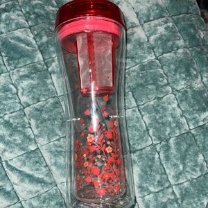 David’s Tea Glass Travel Tumbler w/Tea Infuser Basket Red Flowers Hearts